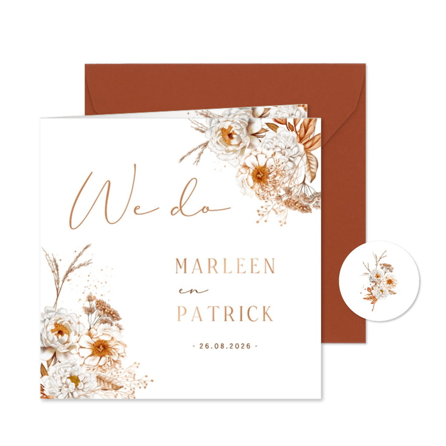 Trouwkaart botanische rozen in herfstkleuren - Kaartimpressie