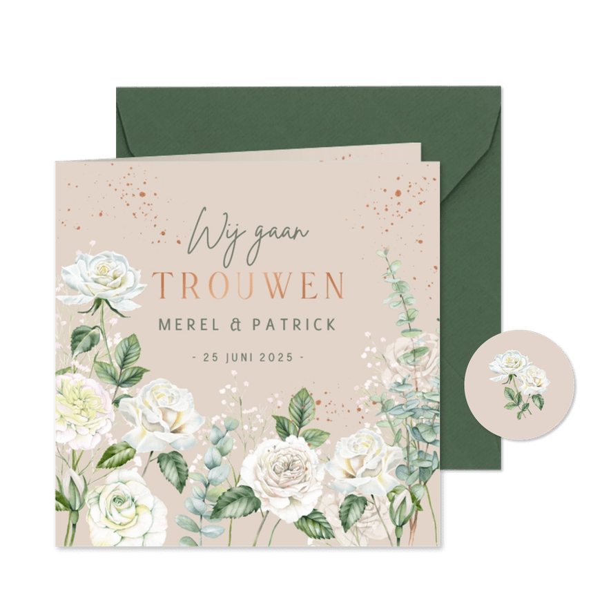 Trouwkaart botanische witte rozen - Kaartimpressie