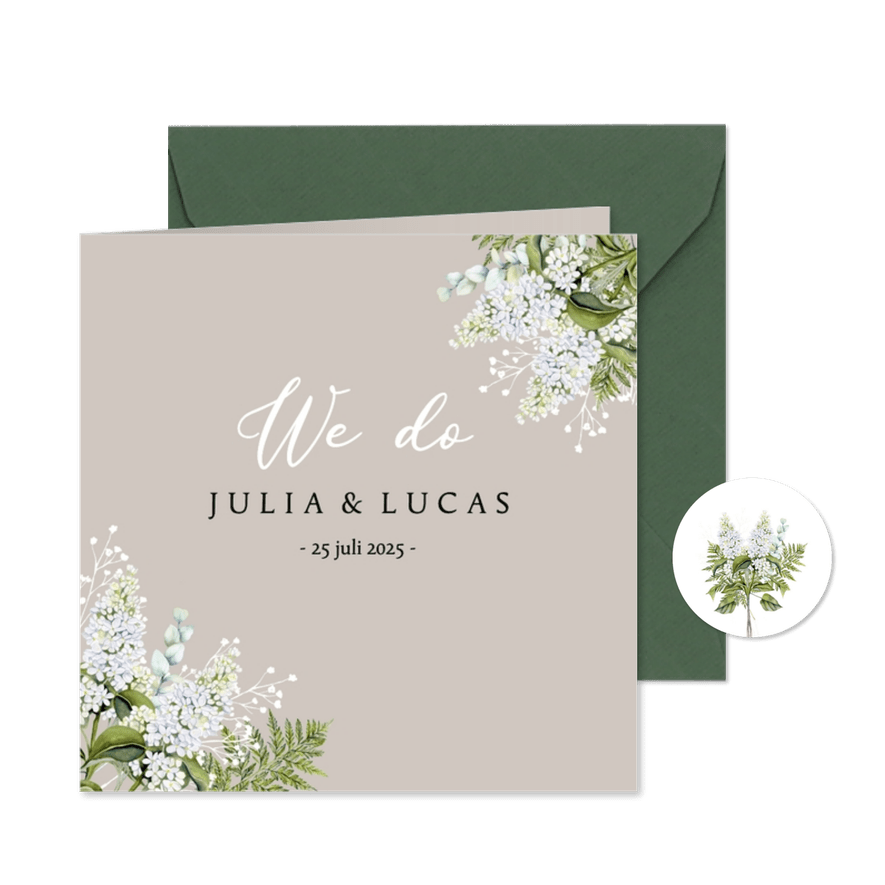 Trouwkaart botanische witte seringen met blad - Kaartimpressie