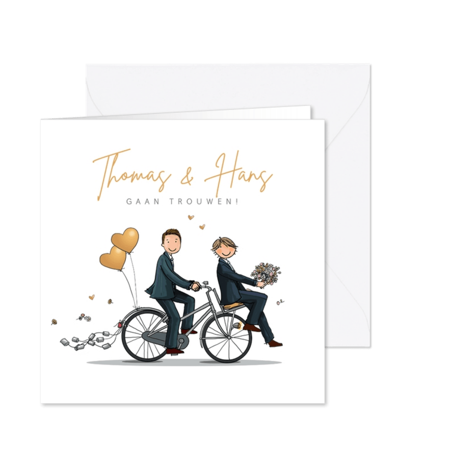 Trouwkaart bruidegommen huwelijk fiets - Kaartimpressie