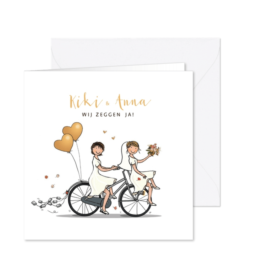 Trouwkaart bruiden fiets en blikjes - Kaartimpressie