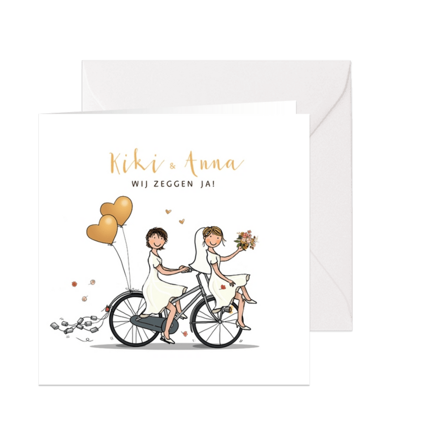 Trouwkaart bruiden fiets en blikjes - Kaartimpressie