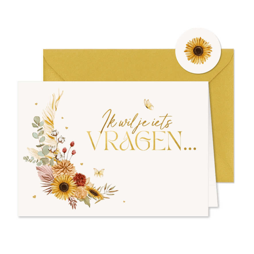 Trouwkaart bruidsmeisje getuige bohemian bloemen hartjes - Kaartimpressie