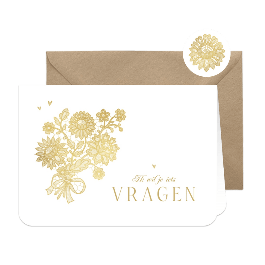 Trouwkaart bruidsmeisje getuige vintage goud bloemen kant - Kaartimpressie