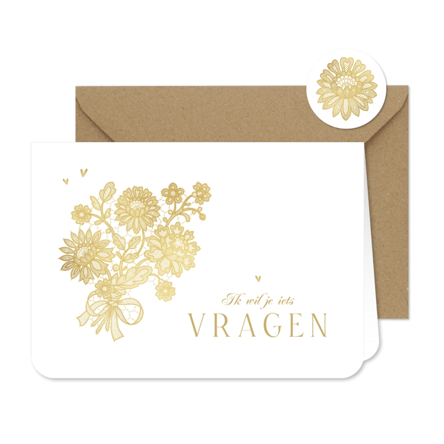 Trouwkaart bruidsmeisje getuige vintage goud bloemen kant - Kaartimpressie