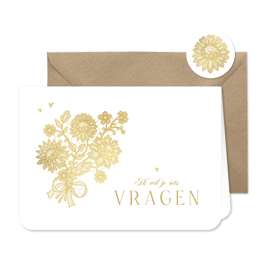 Trouwkaart bruidsmeisje getuige vintage goud bloemen kant - Kaartimpressie