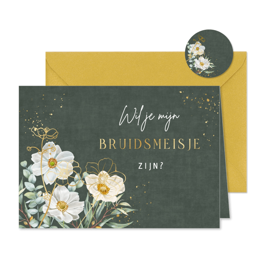 Trouwkaart bruidsmeisje herfstanemoontjes op groen fluweel. - Kaartimpressie