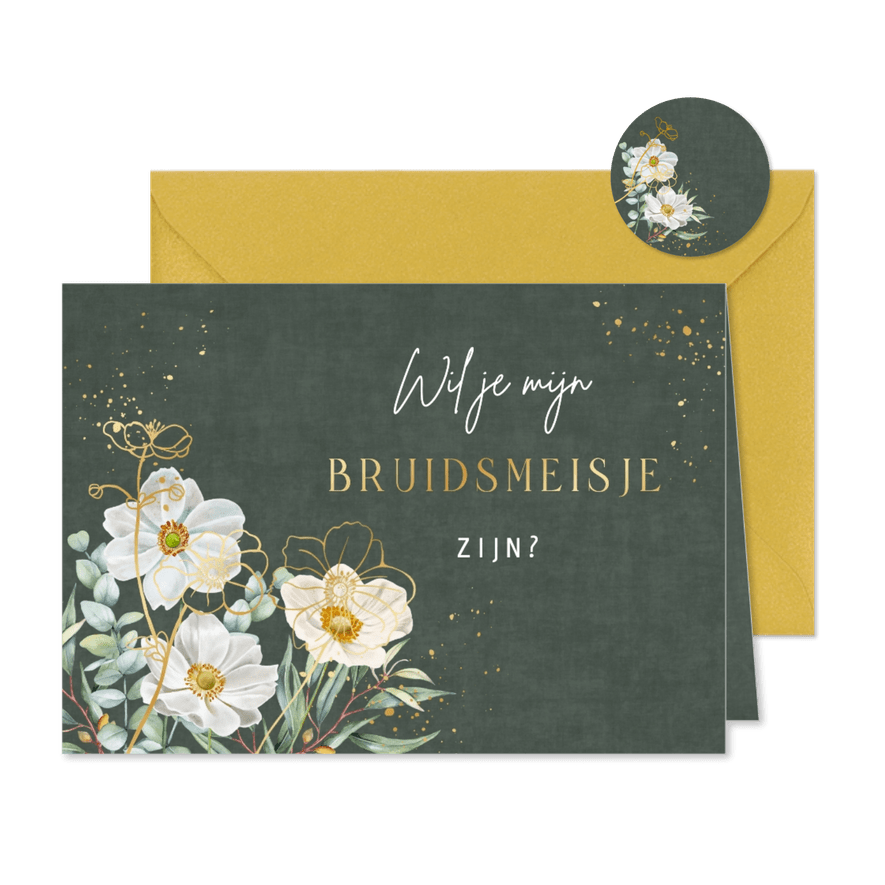 Trouwkaart bruidsmeisje herfstanemoontjes op groen fluweel. - Kaartimpressie