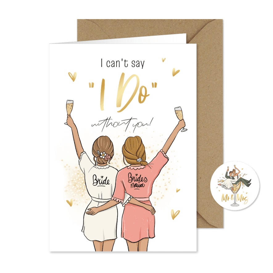 Trouwkaart bruidsmeisje illustratie champagne grappig goud - Kaartimpressie