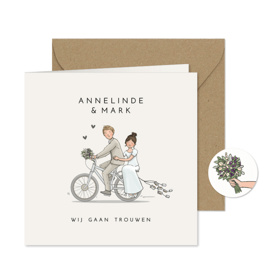Trouwkaart bruidspaar op fiets met bloemen - Kaartimpressie