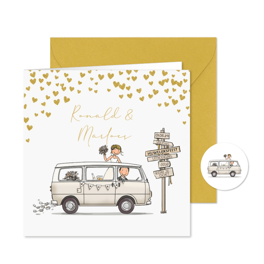 Trouwkaart busje wit met hartjes - Kaartimpressie