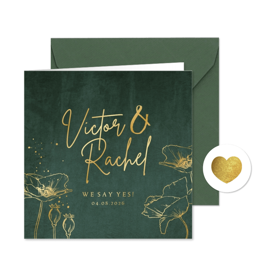 Trouwkaart chique velvet groen lijnillustratie klaproos goud - Kaartimpressie