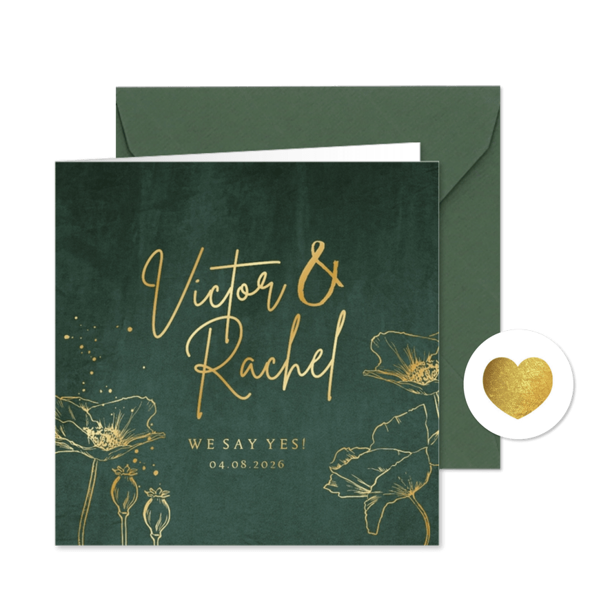 Trouwkaart chique velvet groen lijnillustratie klaproos goud - Kaartimpressie