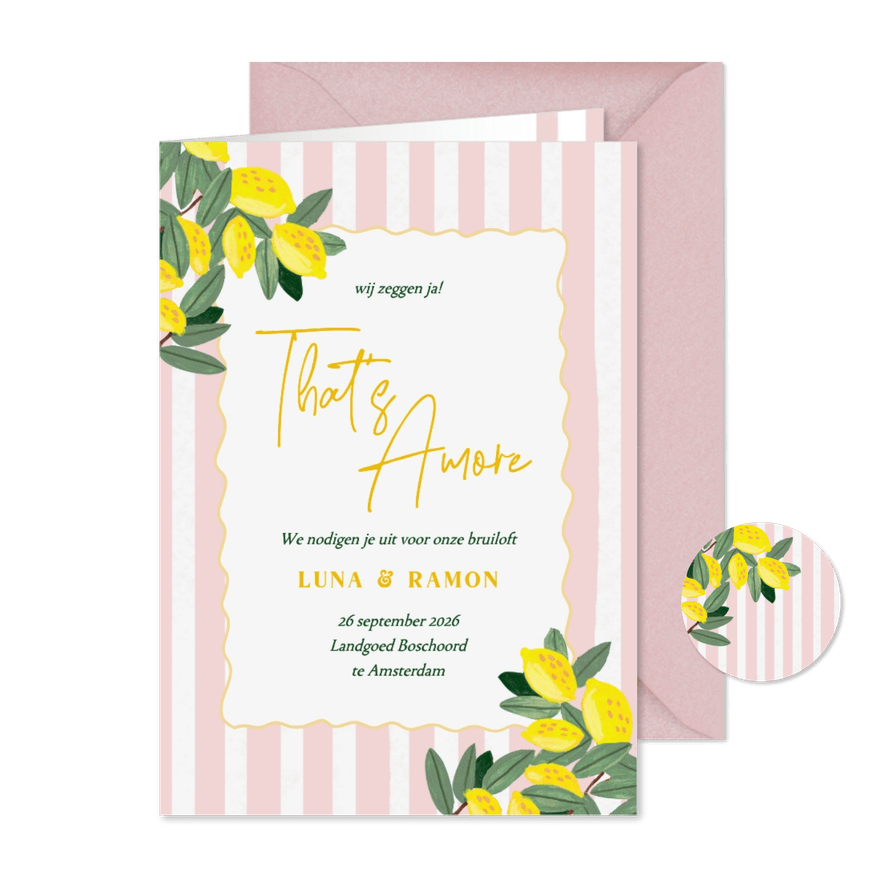 Trouwkaart citroenen strepen romantisch zomer bruiloft - Kaartimpressie
