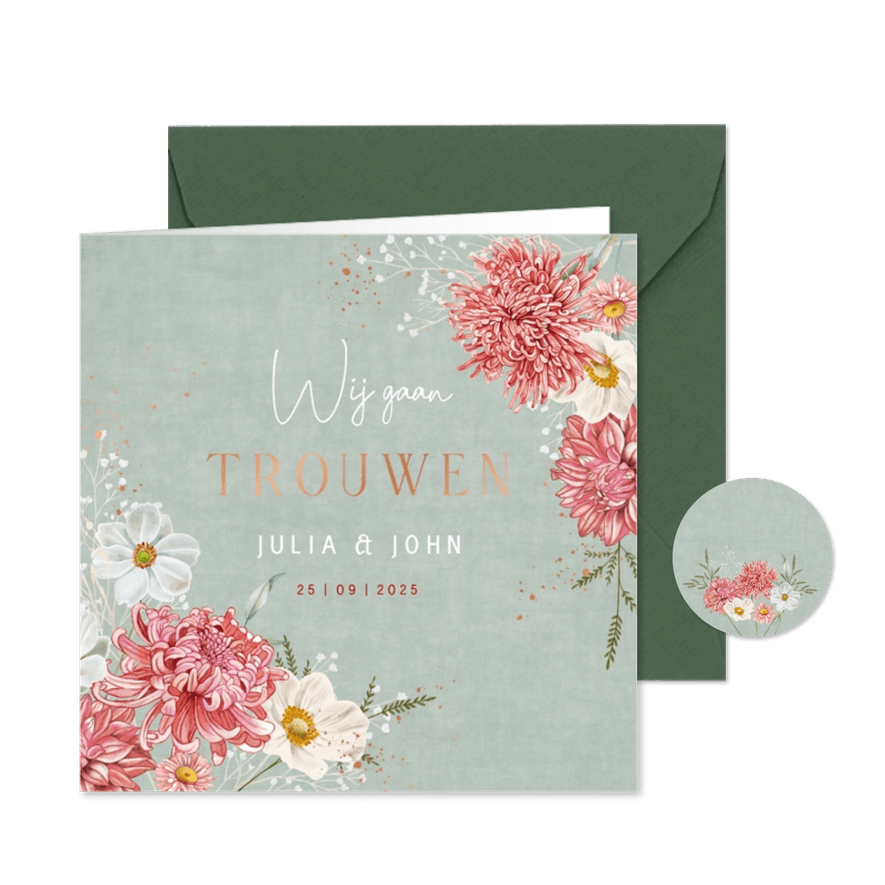 Trouwkaart dahlia en herfstanemoon op groen fluweel - Kaartimpressie