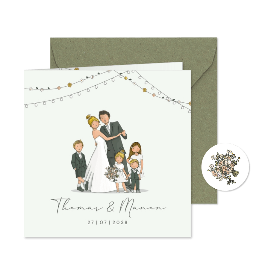 Trouwkaart dansend bruidspaar met kinderen groen - Kaartimpressie