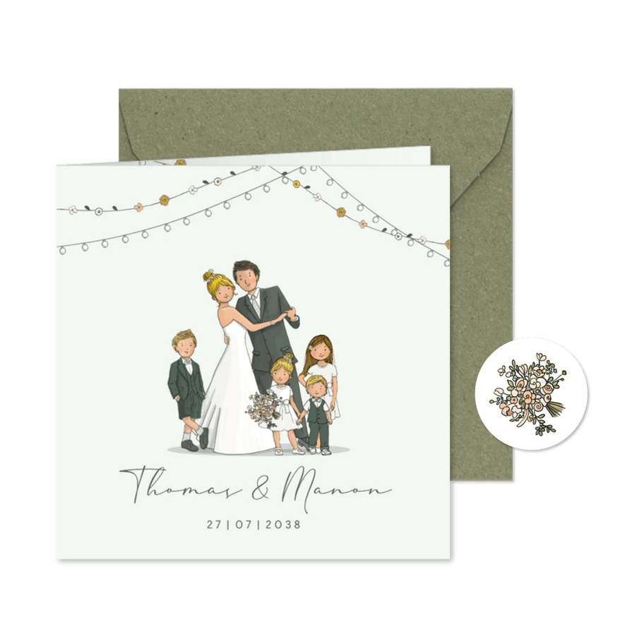 Trouwkaart dansend bruidspaar met kinderen groen - Kaartimpressie