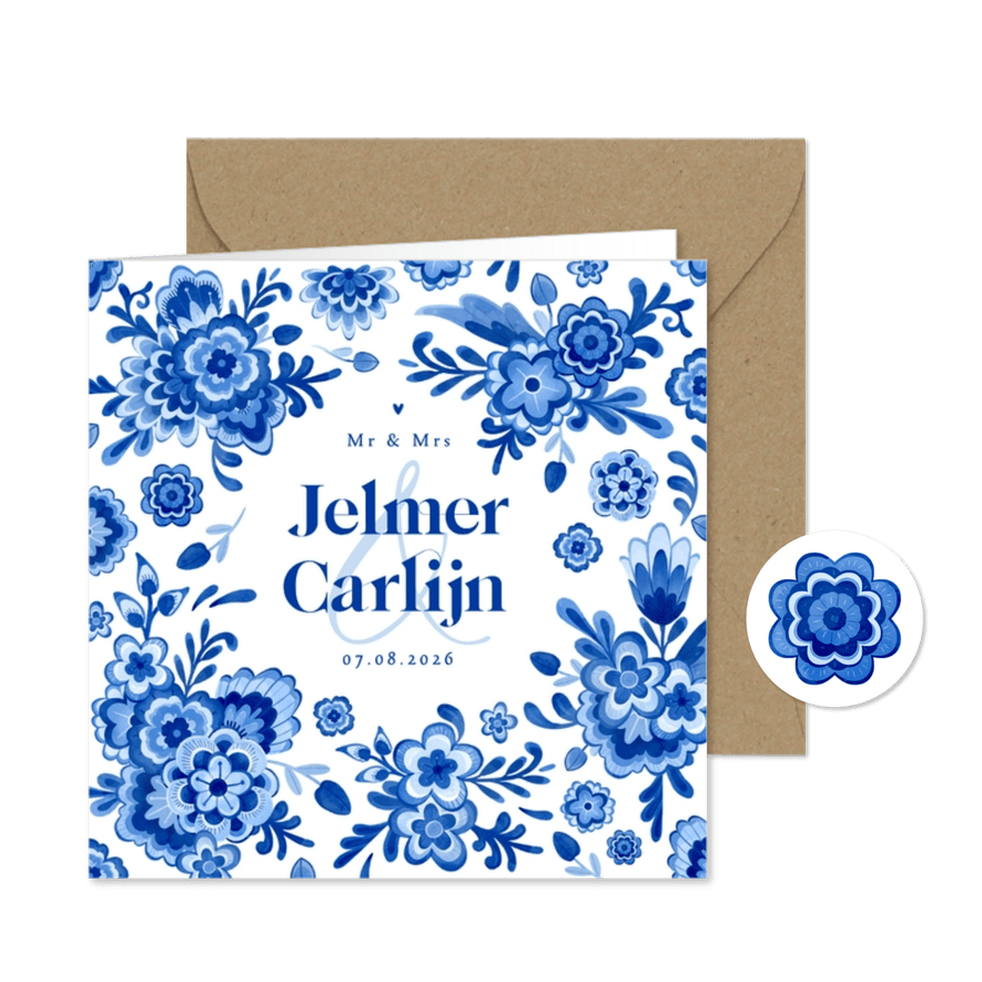 Trouwkaart delfts blauw bloemen stijlvol romantisch - Kaartimpressie