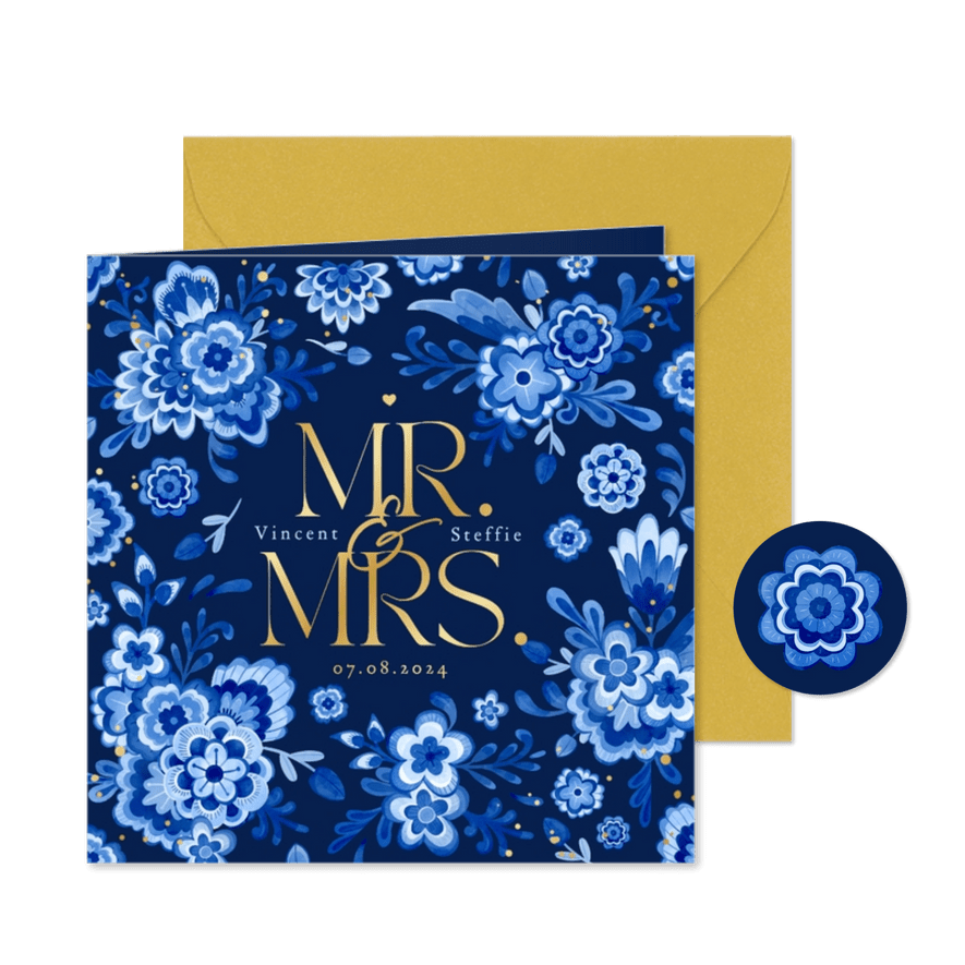 Trouwkaart delfts blauw donker bloemen stijlvol romantisch - Kaartimpressie