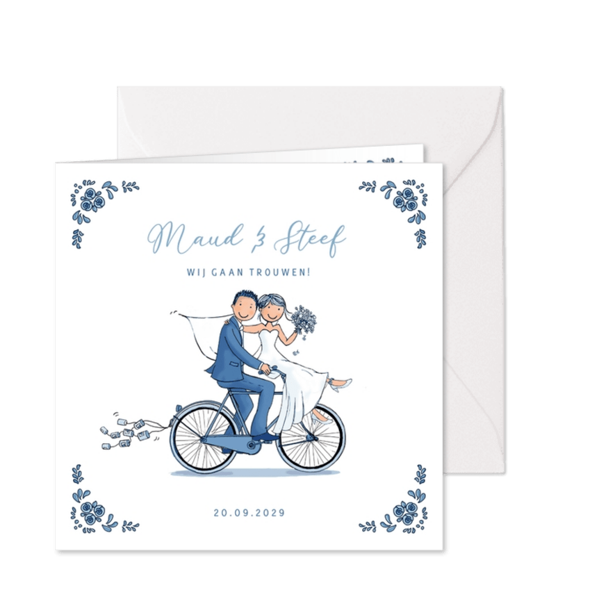 Trouwkaart Delftsblauw fiets - Kaartimpressie