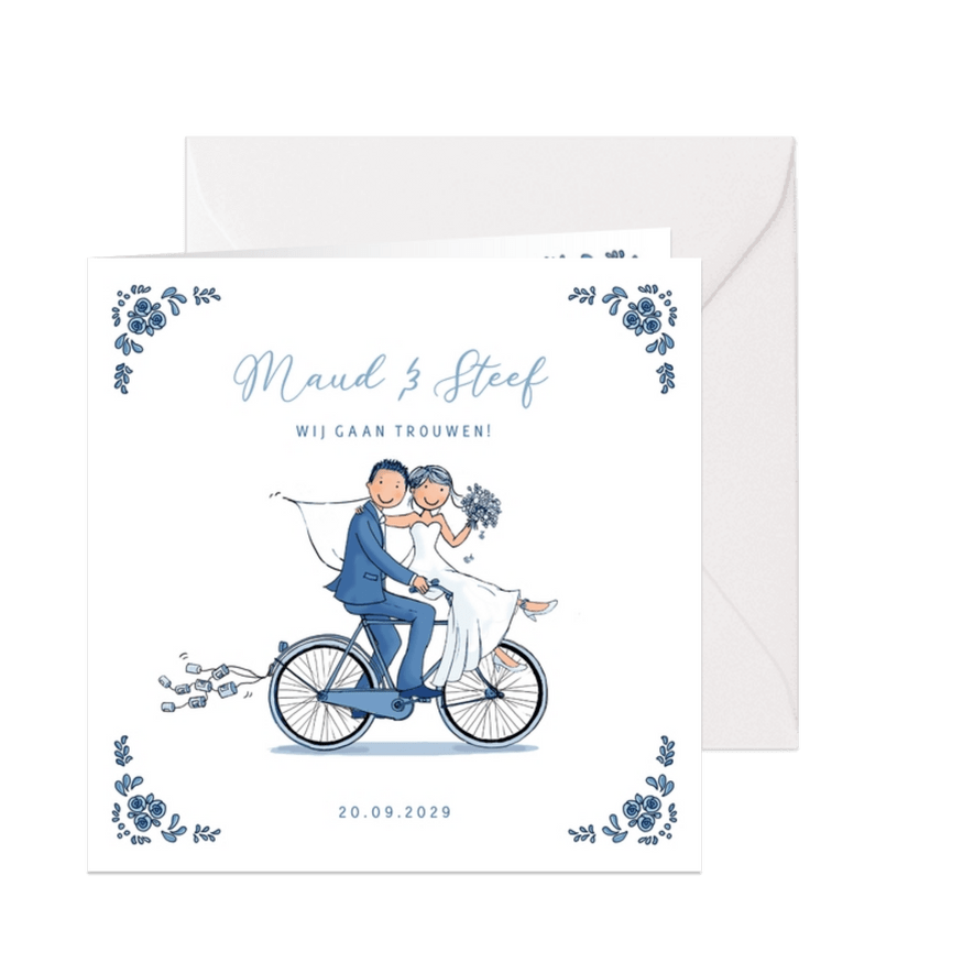 Trouwkaart Delftsblauw fiets - Kaartimpressie