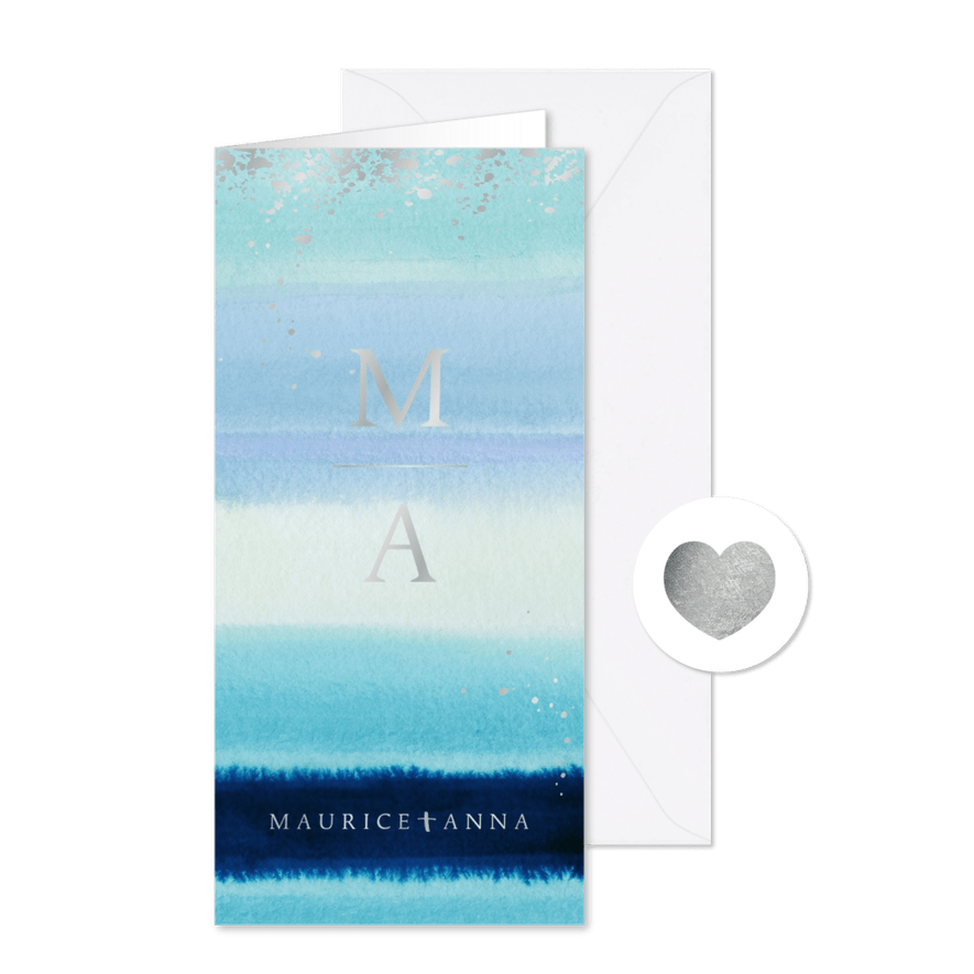 Trouwkaart dipedye watercolour blauw initialen zilver - Kaartimpressie