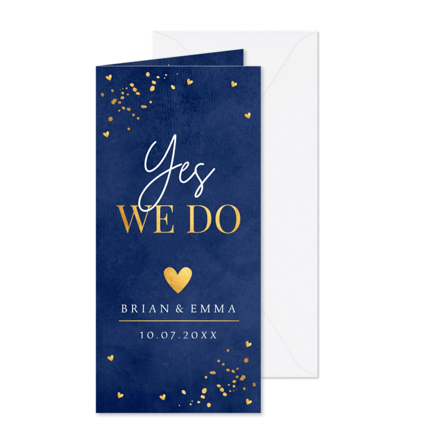 Trouwkaart donkerblauw confetti goudlook hartje - Kaartimpressie