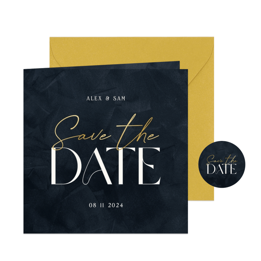  Trouwkaart donkerblauw save the date met goud stijlvol - Kaartimpressie