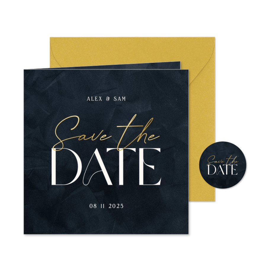 Trouwkaart donkerblauw save the date met goud stijlvol - Kaartimpressie