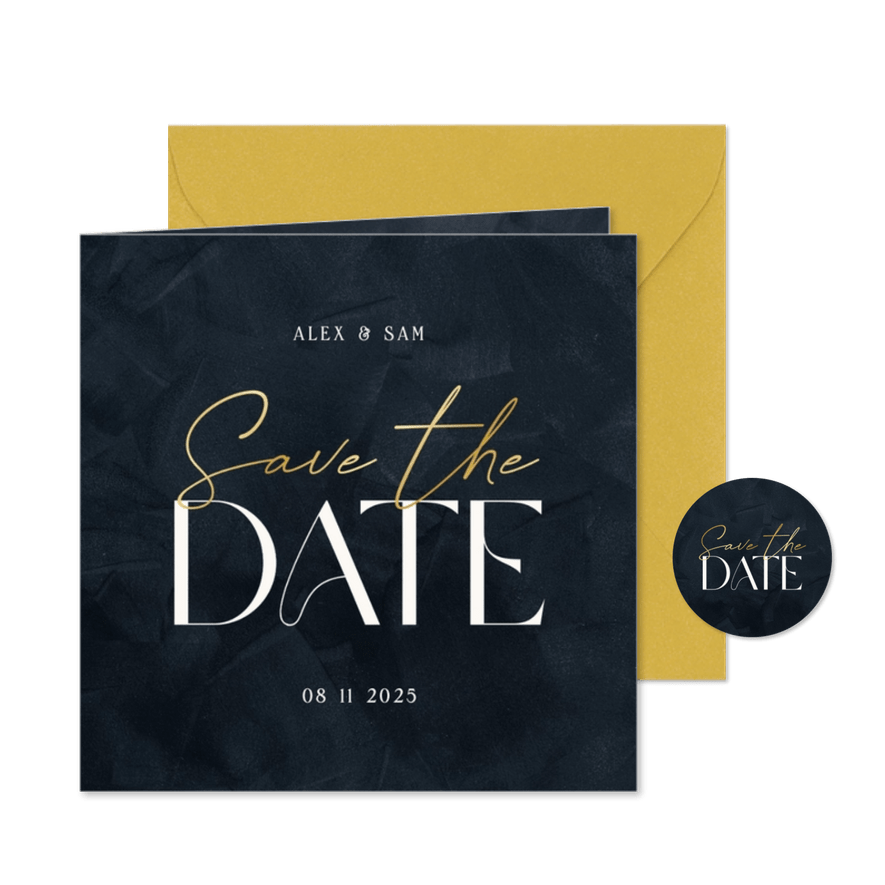  Trouwkaart donkerblauw save the date met goud stijlvol - Kaartimpressie