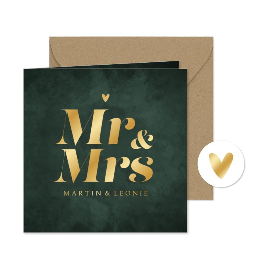 Trouwkaart donkergroen mr and mrs goud hartje - Kaartimpressie