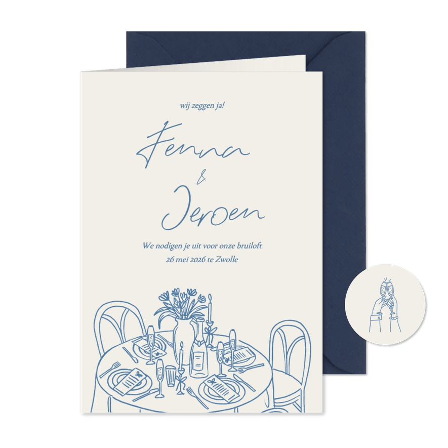 Trouwkaart doodle tekening gedekte diner tafel - Kaartimpressie