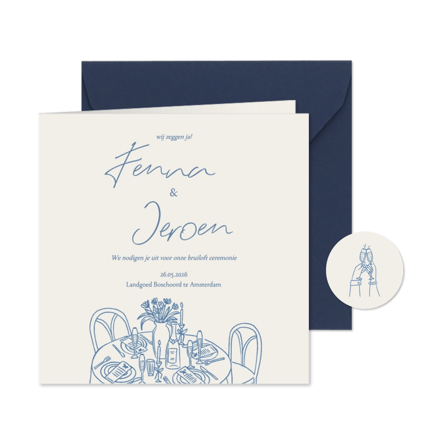 Trouwkaart doodle tekening gedekte tafel diner - Kaartimpressie