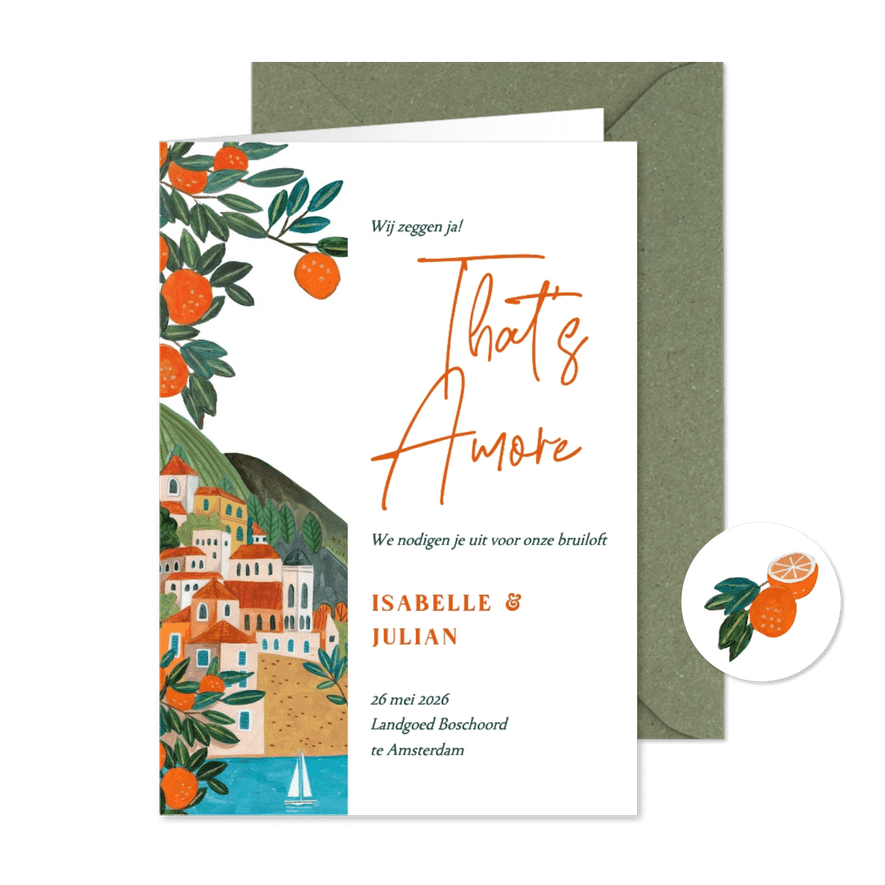 Trouwkaart dorpje mediterraanse kust  - Kaartimpressie