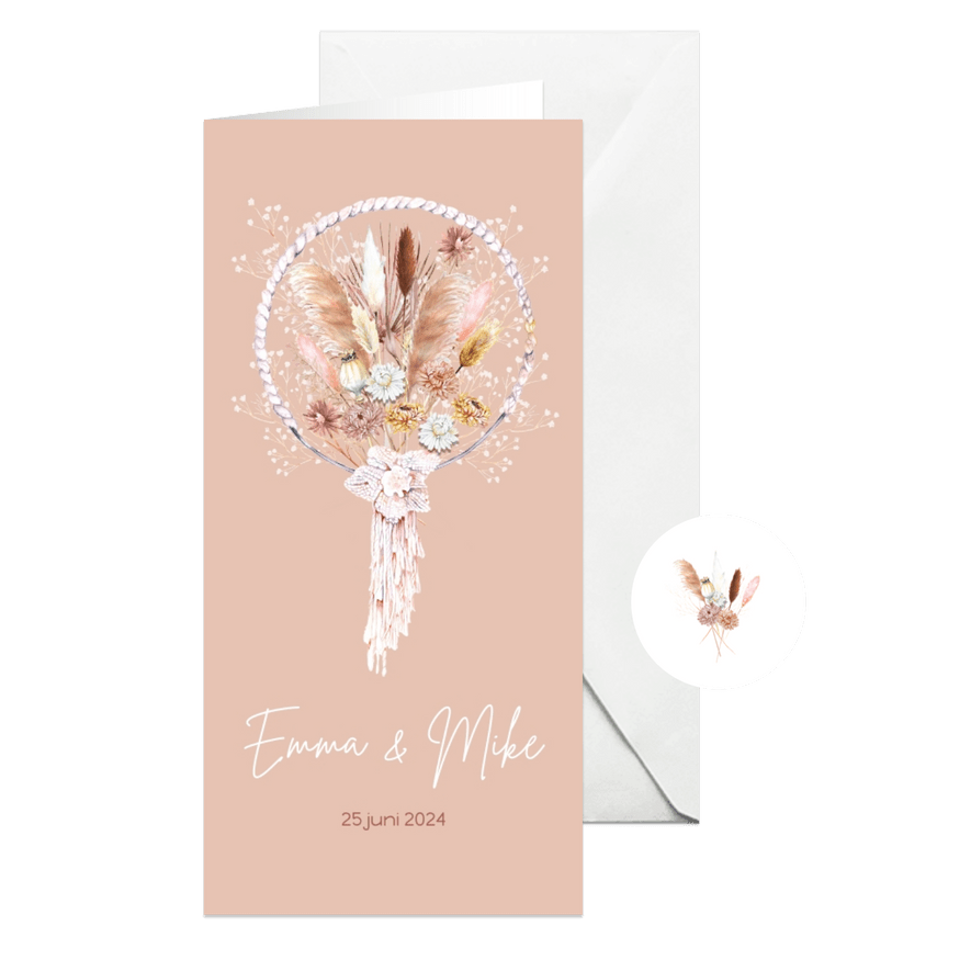 Trouwkaart droogbloemen dreamcatcher bohemian - Kaartimpressie