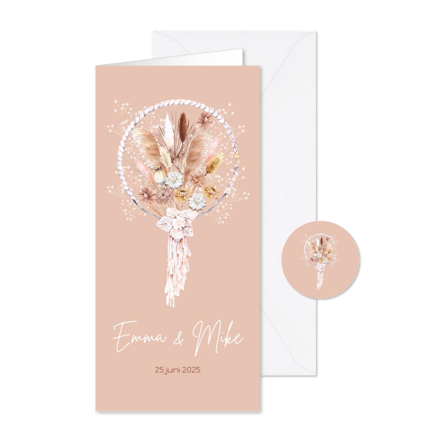 Trouwkaart droogbloemen dreamcatcher bohemian - Kaartimpressie