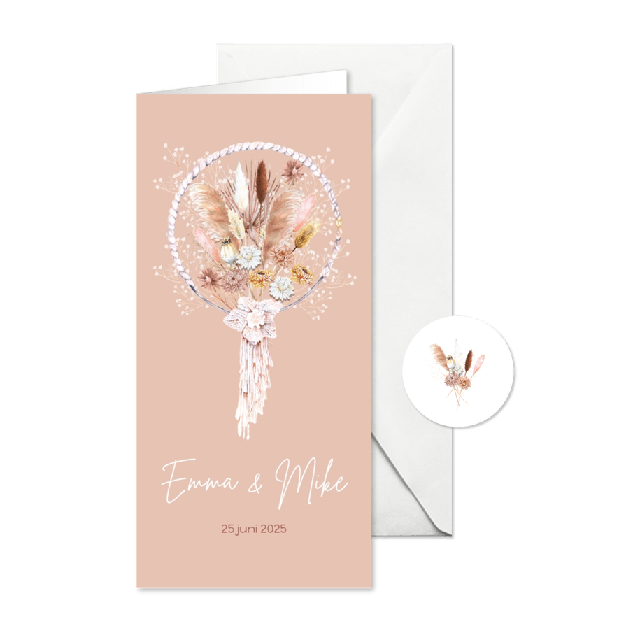 Trouwkaart droogbloemen dreamcatcher bohemian - Kaartimpressie