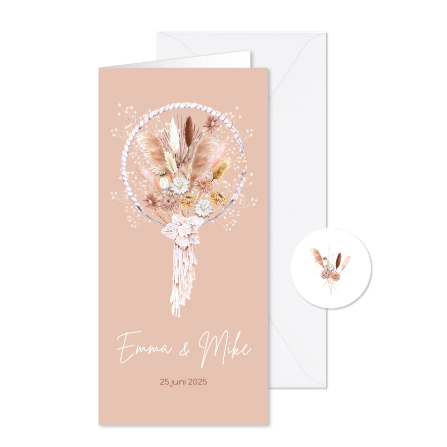 Trouwkaart droogbloemen dreamcatcher bohemian - Kaartimpressie