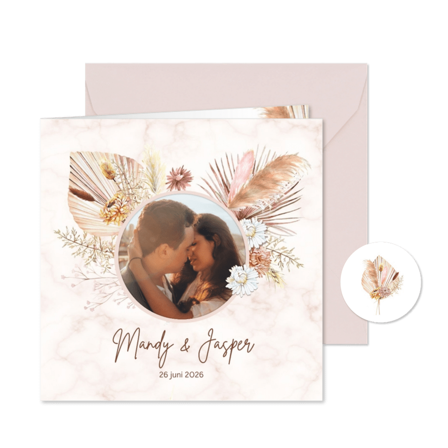 Trouwkaart droogbloemen marmer - Kaartimpressie