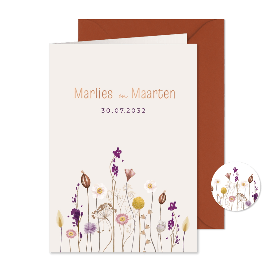 Trouwkaart droogbloemen met warme tinten - Kaartimpressie