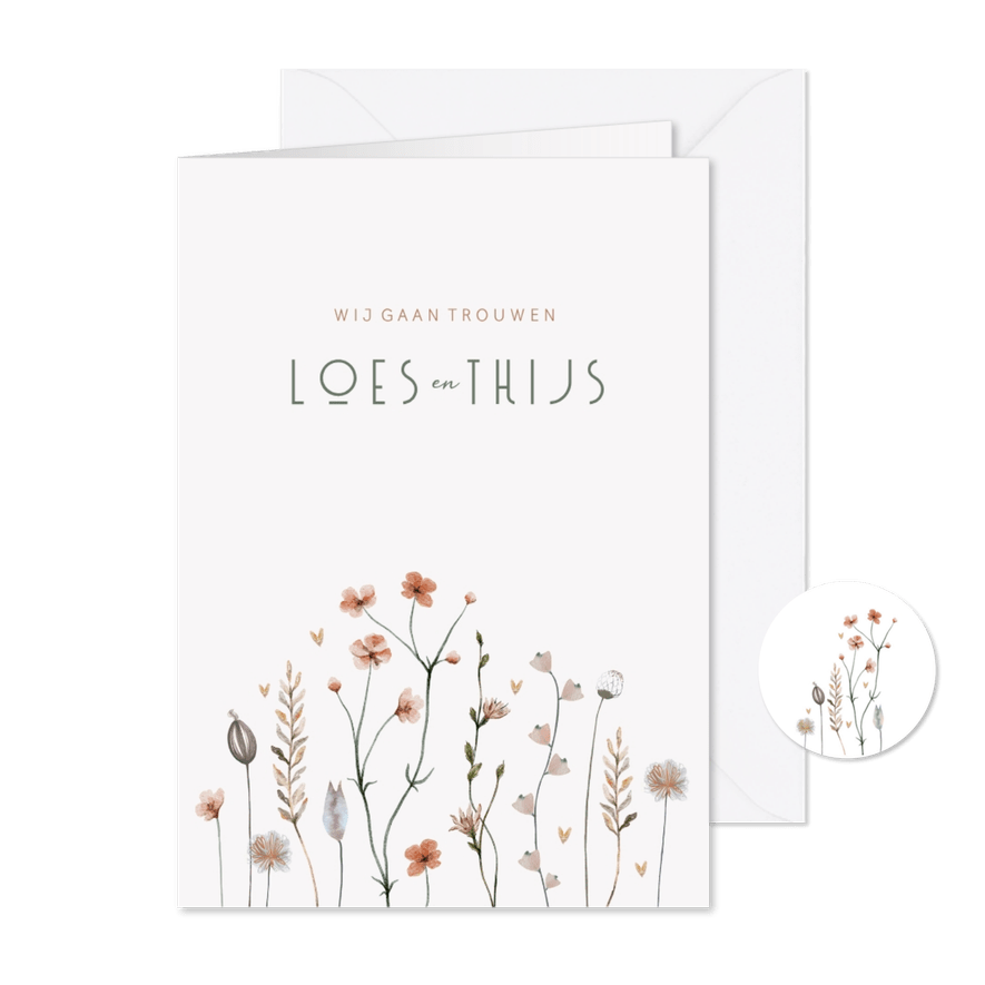 Trouwkaart droogbloemen prachtige tinten  - Kaartimpressie