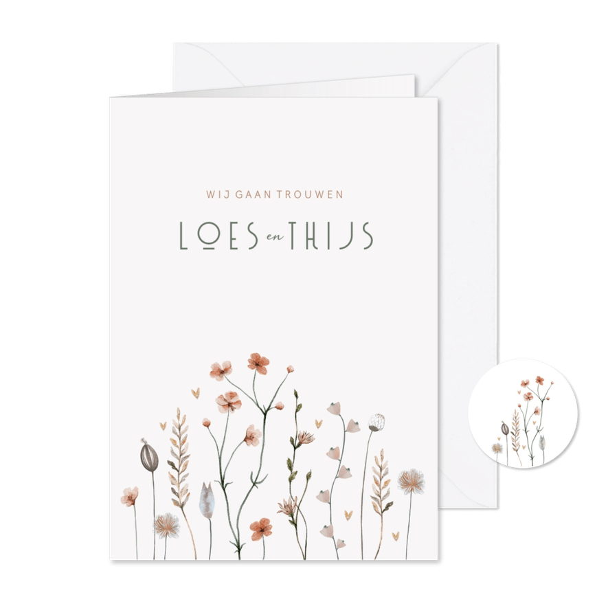 Trouwkaart droogbloemen prachtige tinten - Kaartimpressie