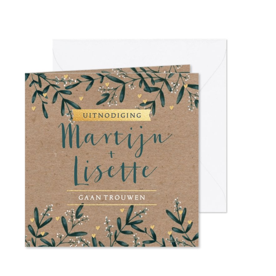 Trouwkaart eucalyptus kraftlook hartjes - Kaartimpressie