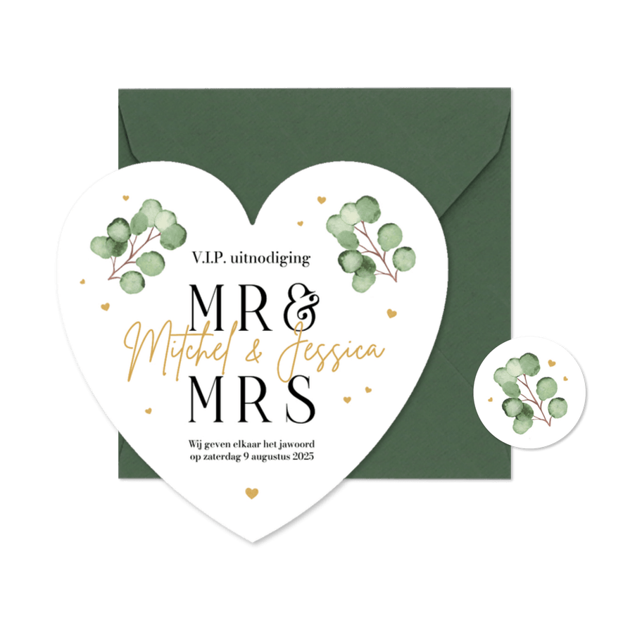 Trouwkaart eucalyptus stijlvol hartvorm hartjes uniek - Kaartimpressie