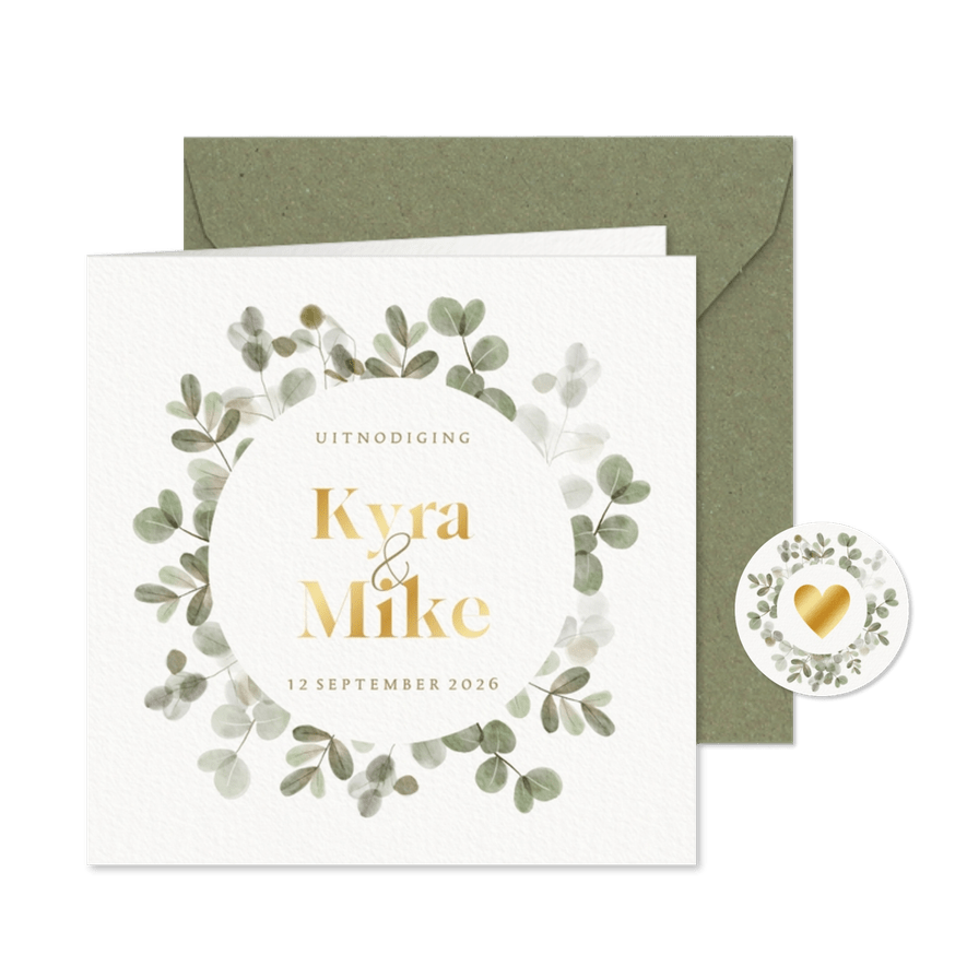 Trouwkaart eucalyptus takjes en goudfolie - Kaartimpressie