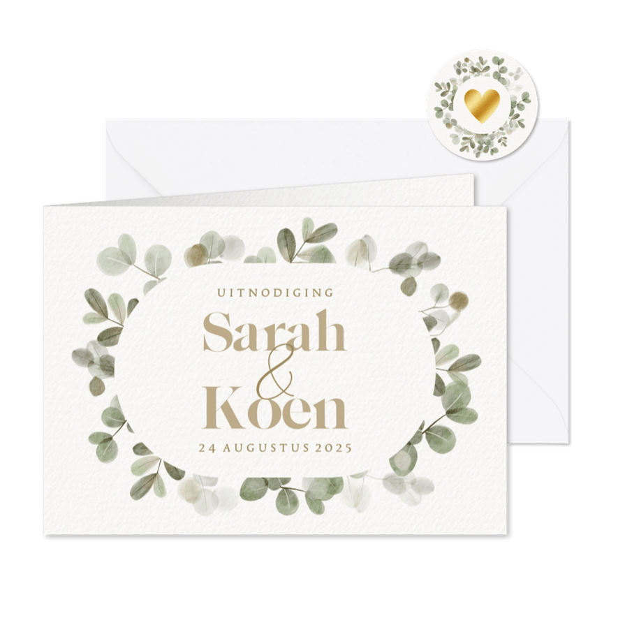 Trouwkaart eucalyptus takjes kader en namen - Kaartimpressie