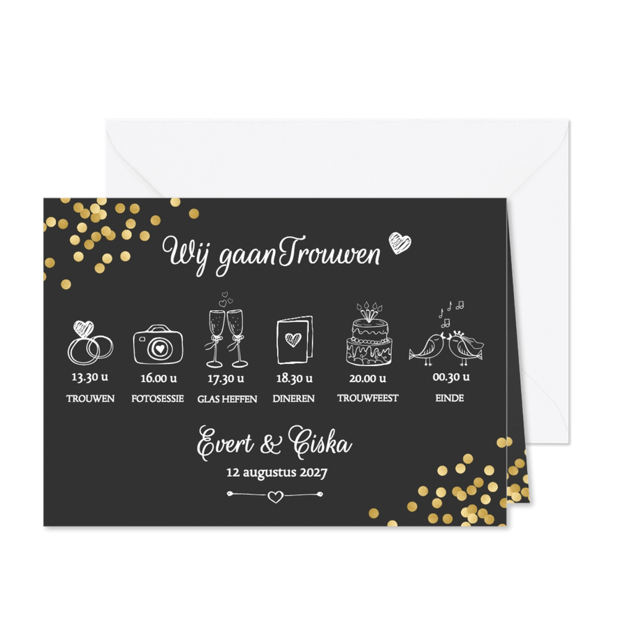 Trouwkaart feestelijk met confetti - Kaartimpressie