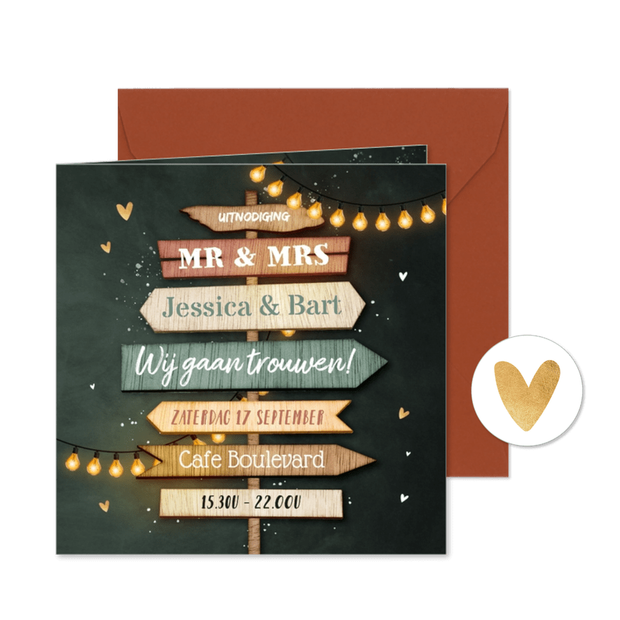 Trouwkaart festival wegwijzers hout liefde hartjes krijtbord - Kaartimpressie