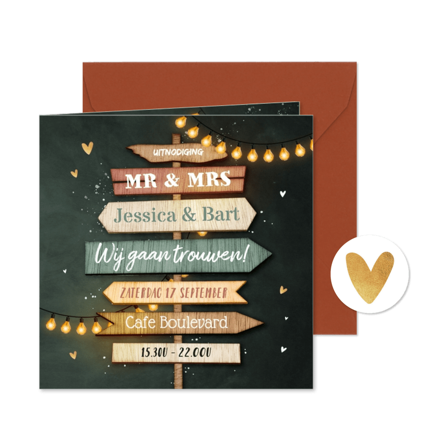 Trouwkaart festival wegwijzers hout liefde hartjes krijtbord - Kaartimpressie