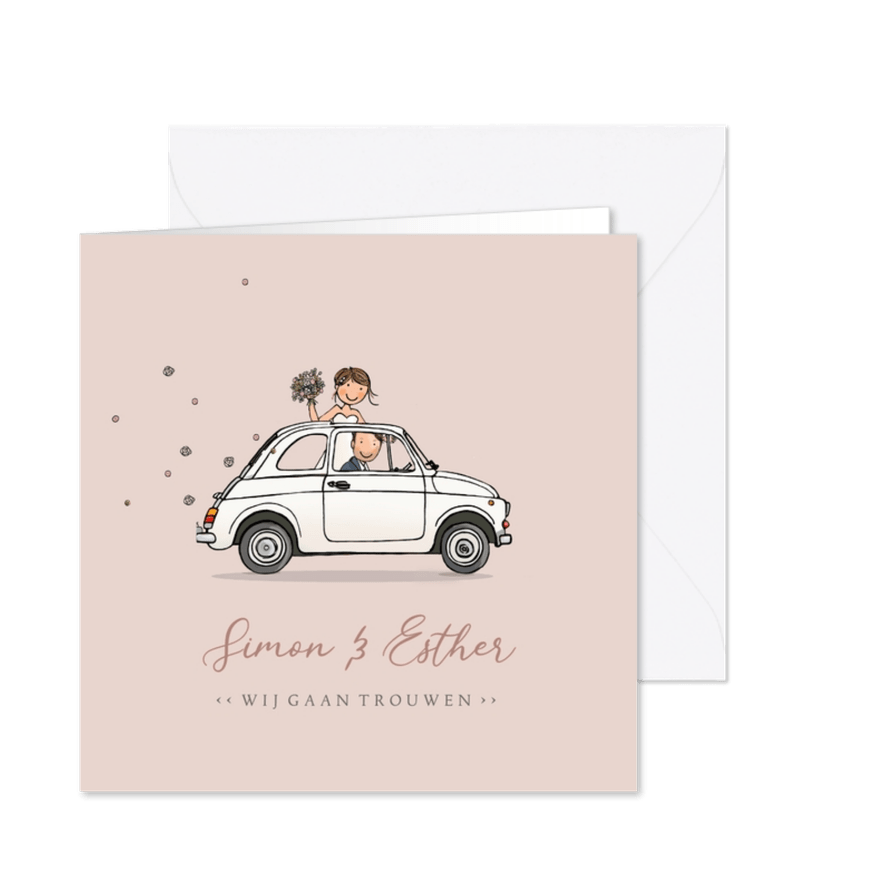 Trouwkaart Fiat 500 wit - Kaartimpressie